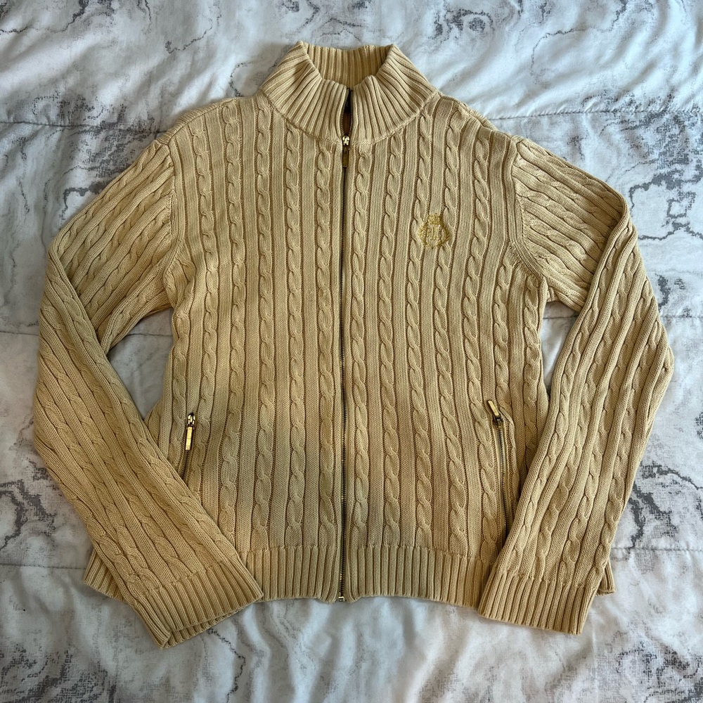 Vintage Lauren Ralph Lauren Women Beige Zip Up Knit sweater